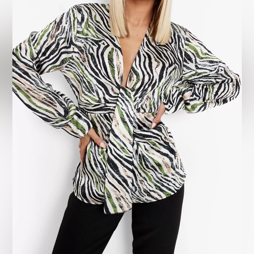 Boohoo Satin Drape Front Shirt in Zebra Print